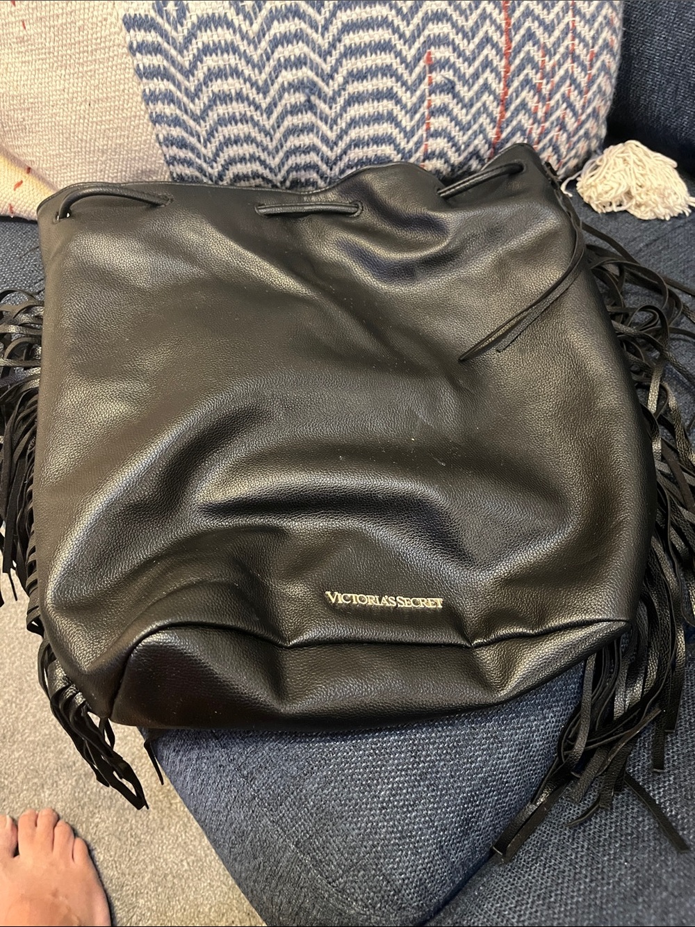 Victoria's Secret Black Fringe Drawstring Bucket Tote